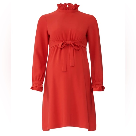 Sail to Sable Red Ruffle Maternity Dress Long Sleeve Waist Tie size 8 Crew Neck - Picture 2 of 10